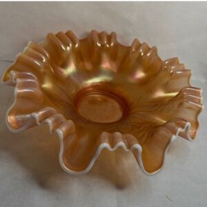 Antique Dugan Carnival Glass Peach Opalescent Bowl Ruffled Bowl 1910